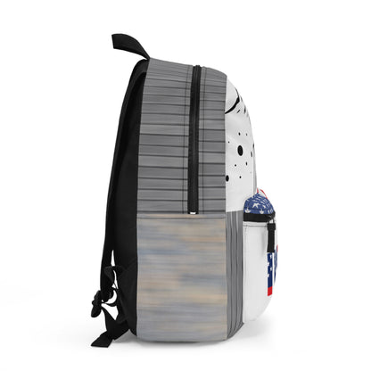 USA flag backpack by Printify featuring a patriotic design, ideal for school, travel, and space fans, with adjustable straps and spacious interior.