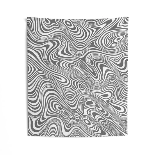 Monochrome abstract swirl wall tapestry featuring wavy optical art, designed for modern interior decor.