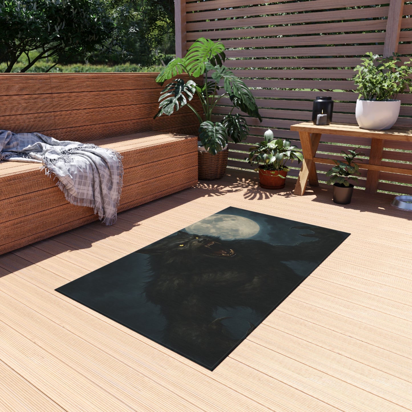 Werewolf Moon outdoor rug featuring a spooky full moon horror design, ideal for patio or outdoor decoration.