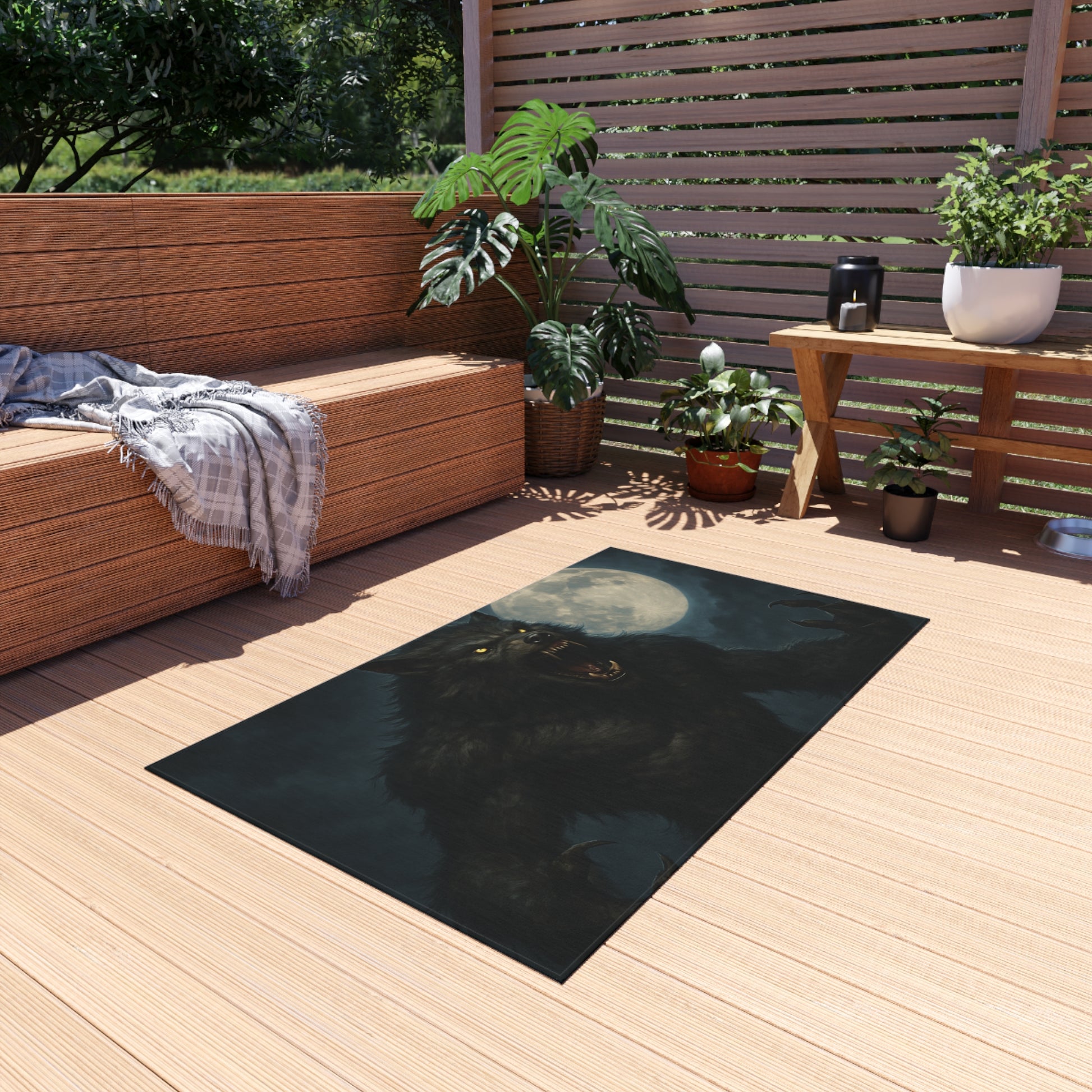 Werewolf Moon outdoor rug featuring a spooky full moon horror design, ideal for patio or outdoor decoration.