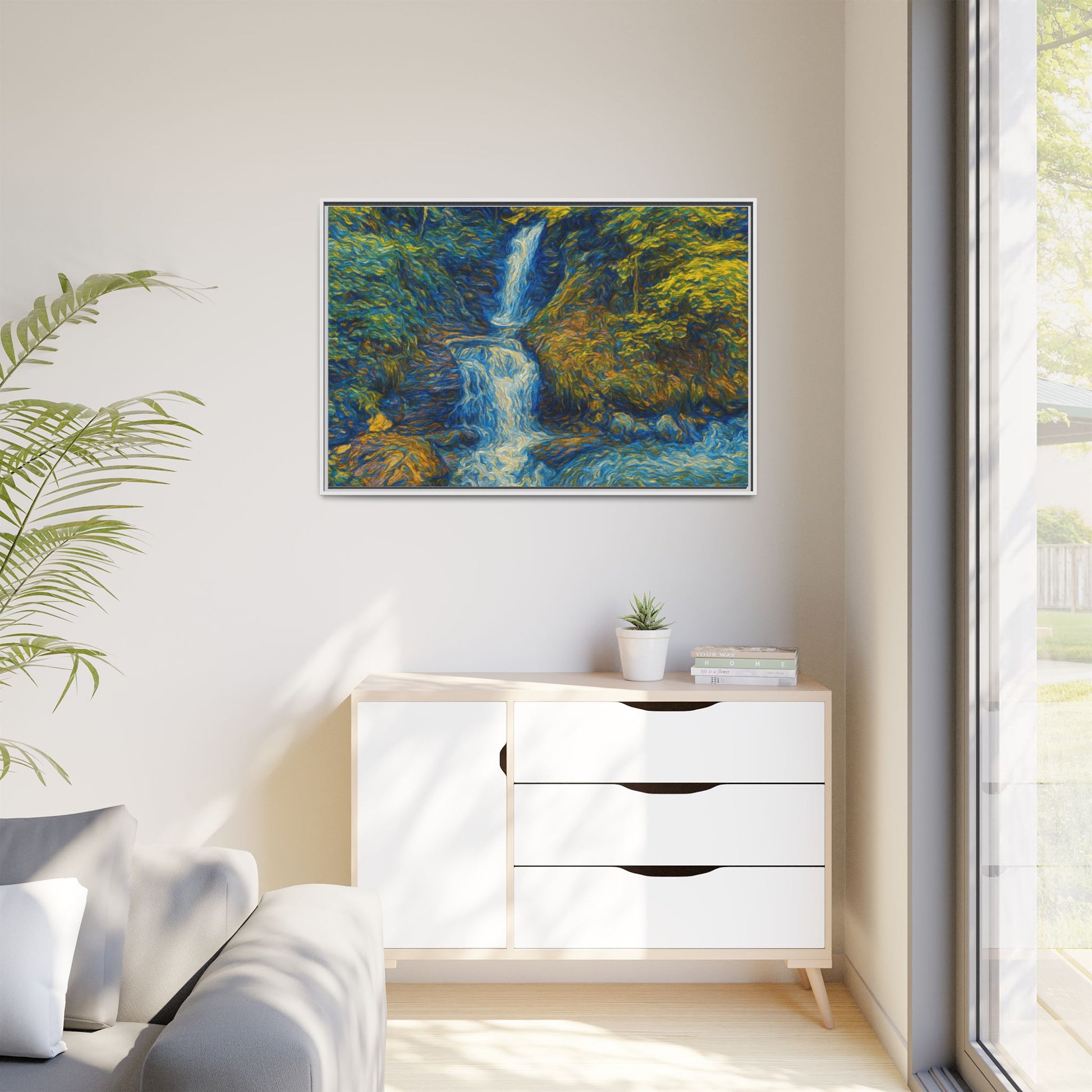 Framed matte canvas print of an impressionist waterfall wall art by Printify, showcasing vibrant water and nature scene.