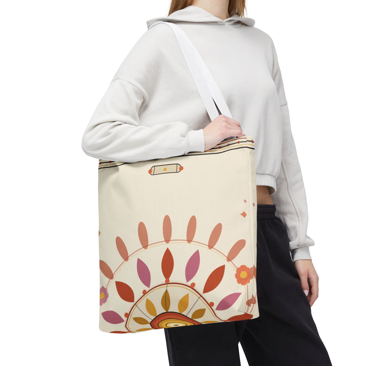 Boho floral mandala tote bag with pastel sunburst pattern from Printify, featuring a colorful, artistic design on a spacious bag.