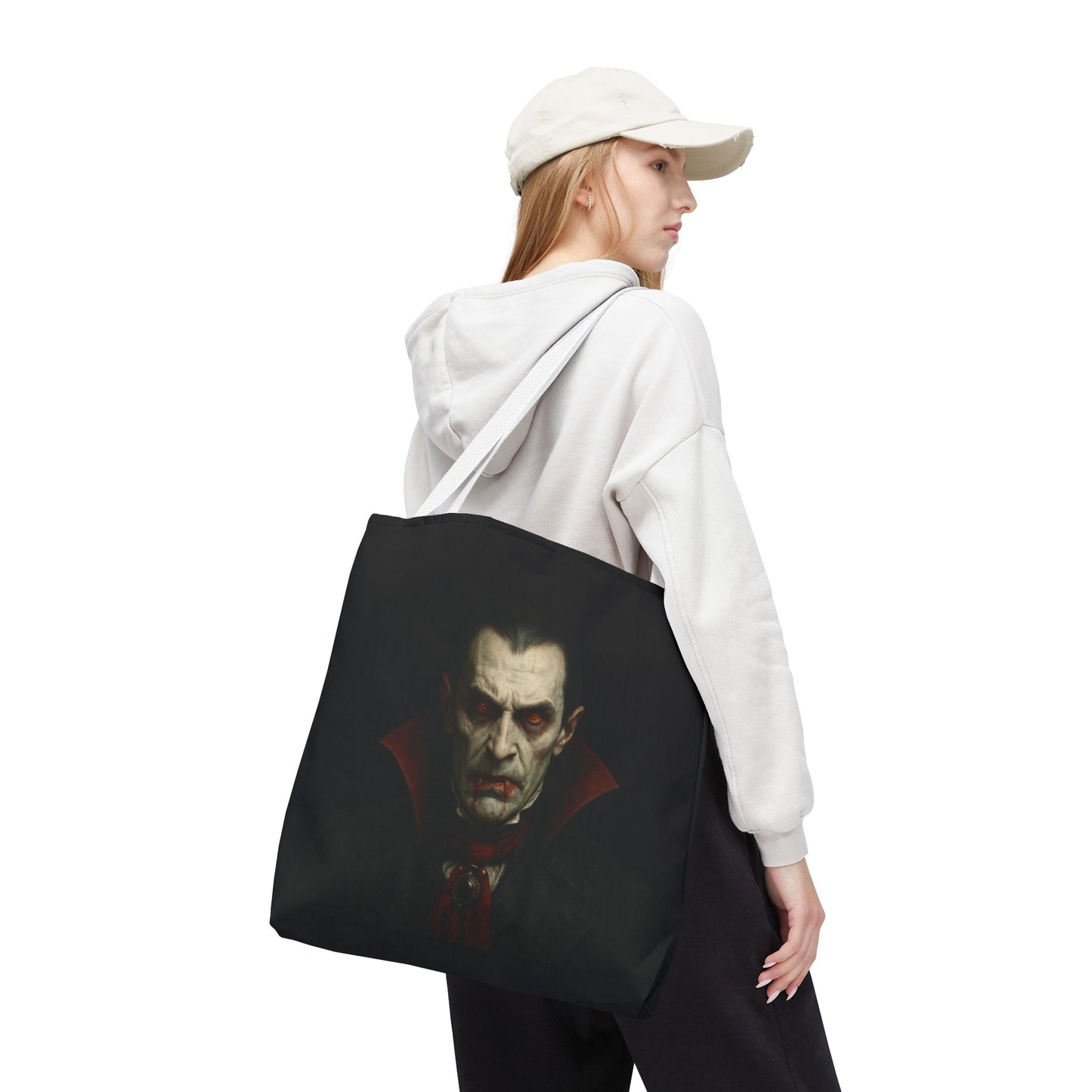 Vampire tote bag featuring a spooky gothic Halloween design, made by Printify, with dark, eerie artwork perfect for Halloween accessories.