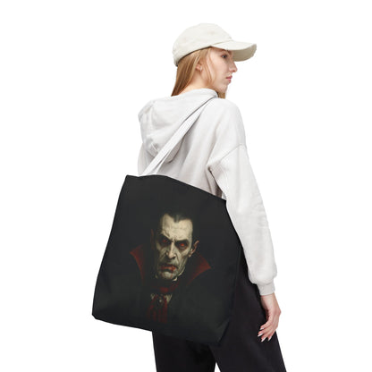Vampire tote bag featuring a spooky gothic Halloween design, made by Printify, with dark, eerie artwork perfect for Halloween accessories.