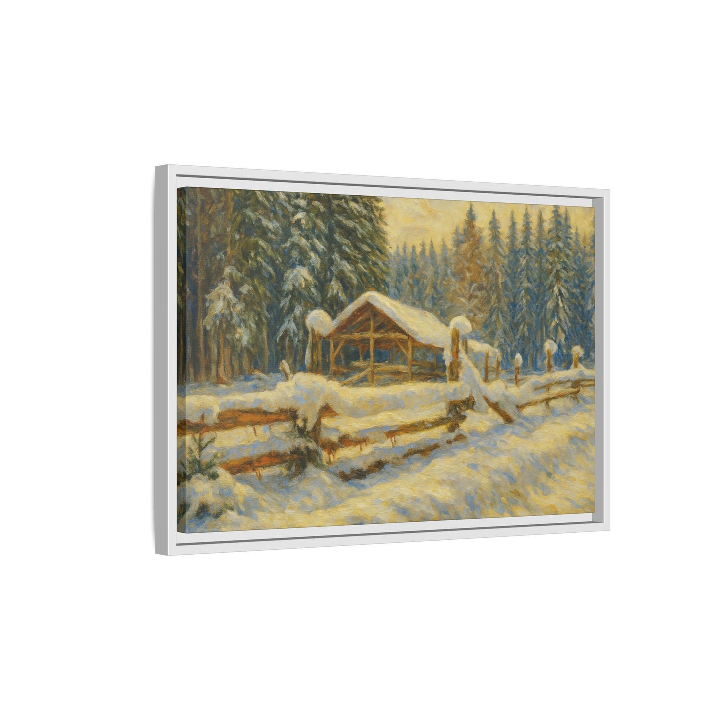 Snowy cabin winter landscape canvas wall art by Printify, featuring a cozy scene with snow-covered trees and a rustic cabin.