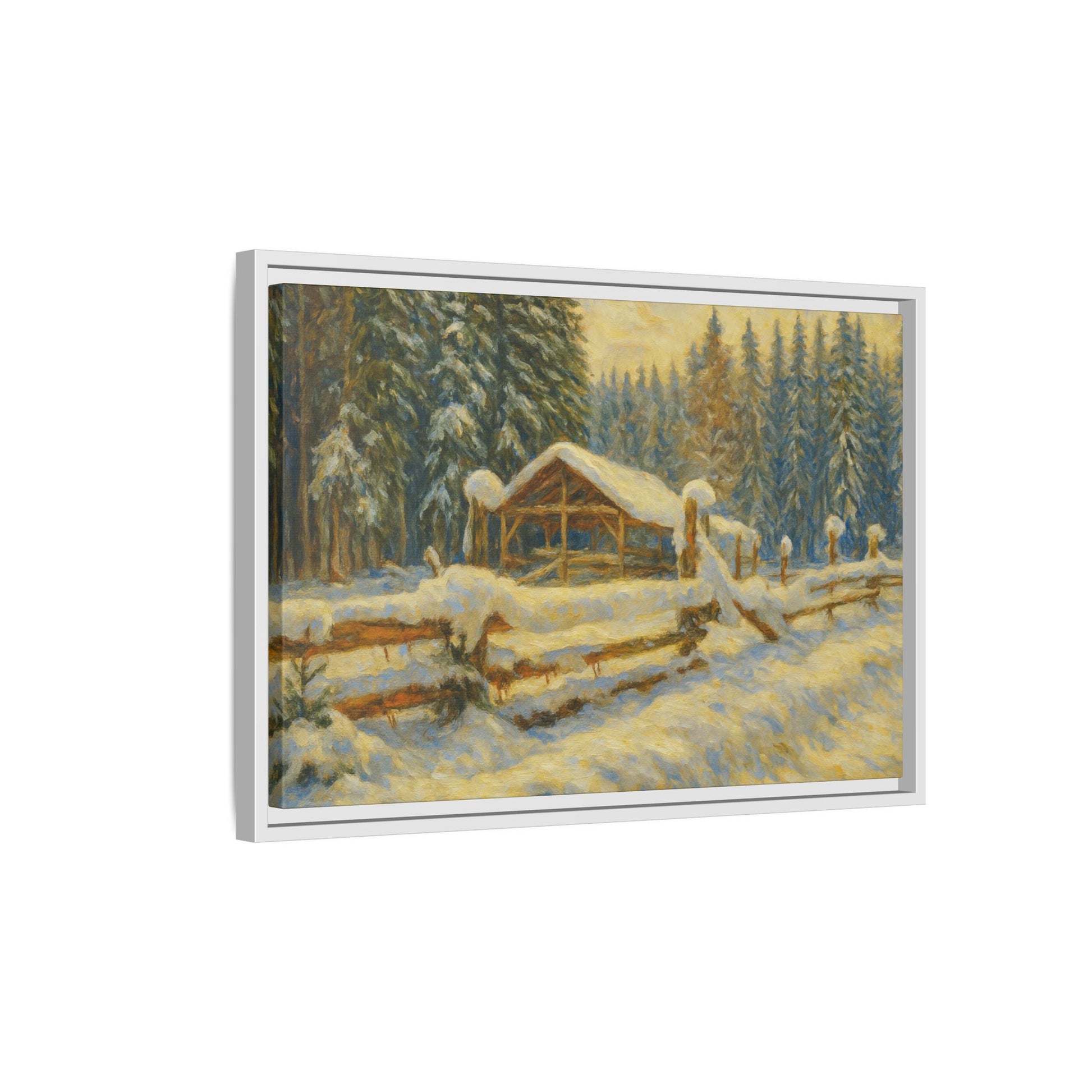 Snowy cabin winter landscape canvas wall art by Printify, featuring a cozy scene with snow-covered trees and a rustic cabin.