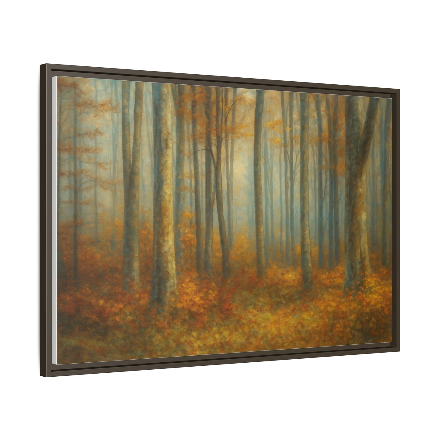Framed autumn forest canvas print featuring misty woodland scene, wall art by Printify, suitable for living room or bedroom decor.