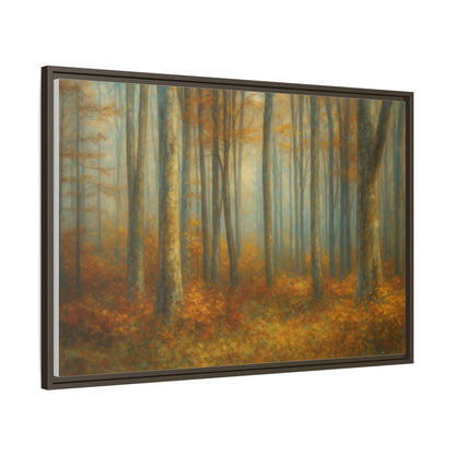 Framed autumn forest canvas print featuring misty woodland scene, wall art by Printify, suitable for living room or bedroom decor.
