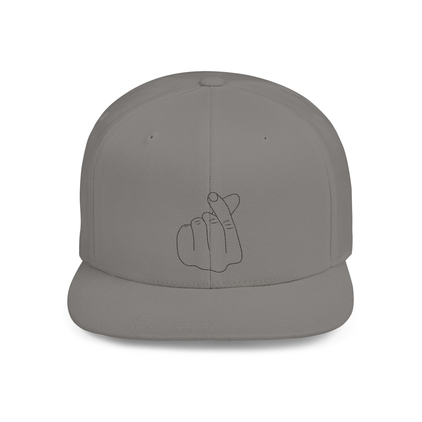 Minimalist hand gesture flat bill snapback hat by Printify, featuring a simple design on the front panel.