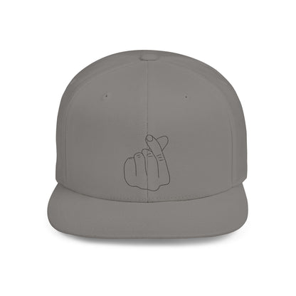 Minimalist hand gesture flat bill snapback hat by Printify, featuring a simple design on the front panel.