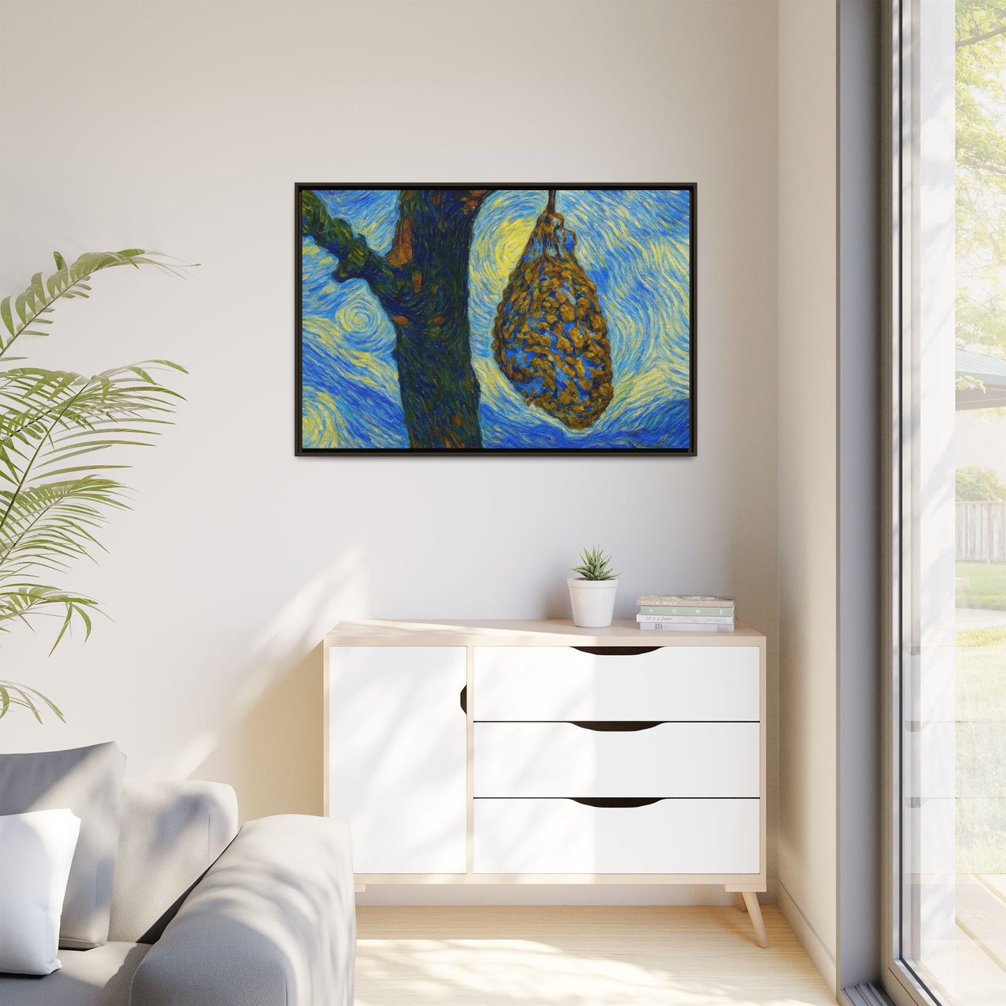Framed matte canvas art of a starry nut cluster in a dried plum tree by Printify, showcasing detailed natural colors and textures.