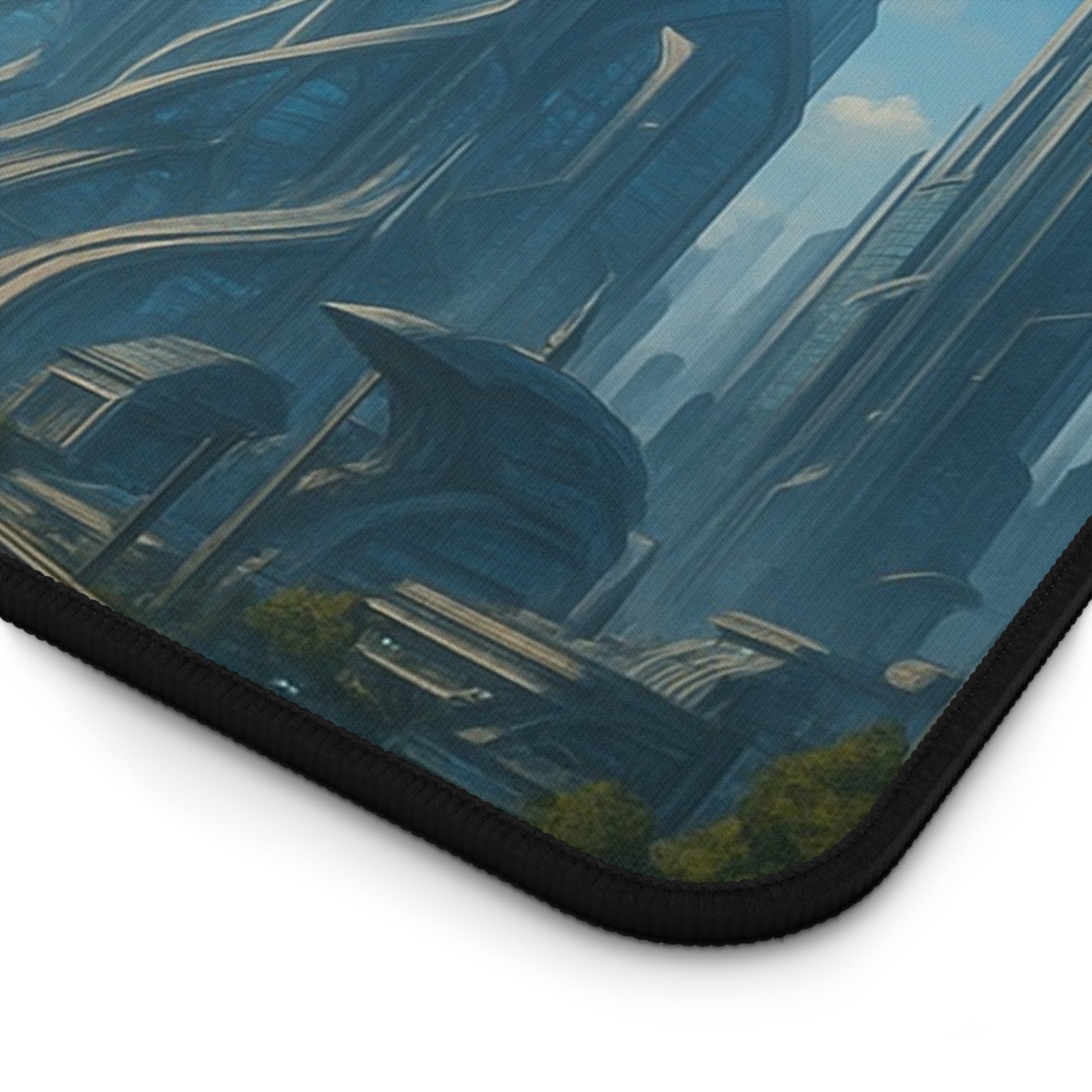 Futuristic cityscape desk mat featuring a sci-fi skyline design, ideal for mousepads and desk accessories.