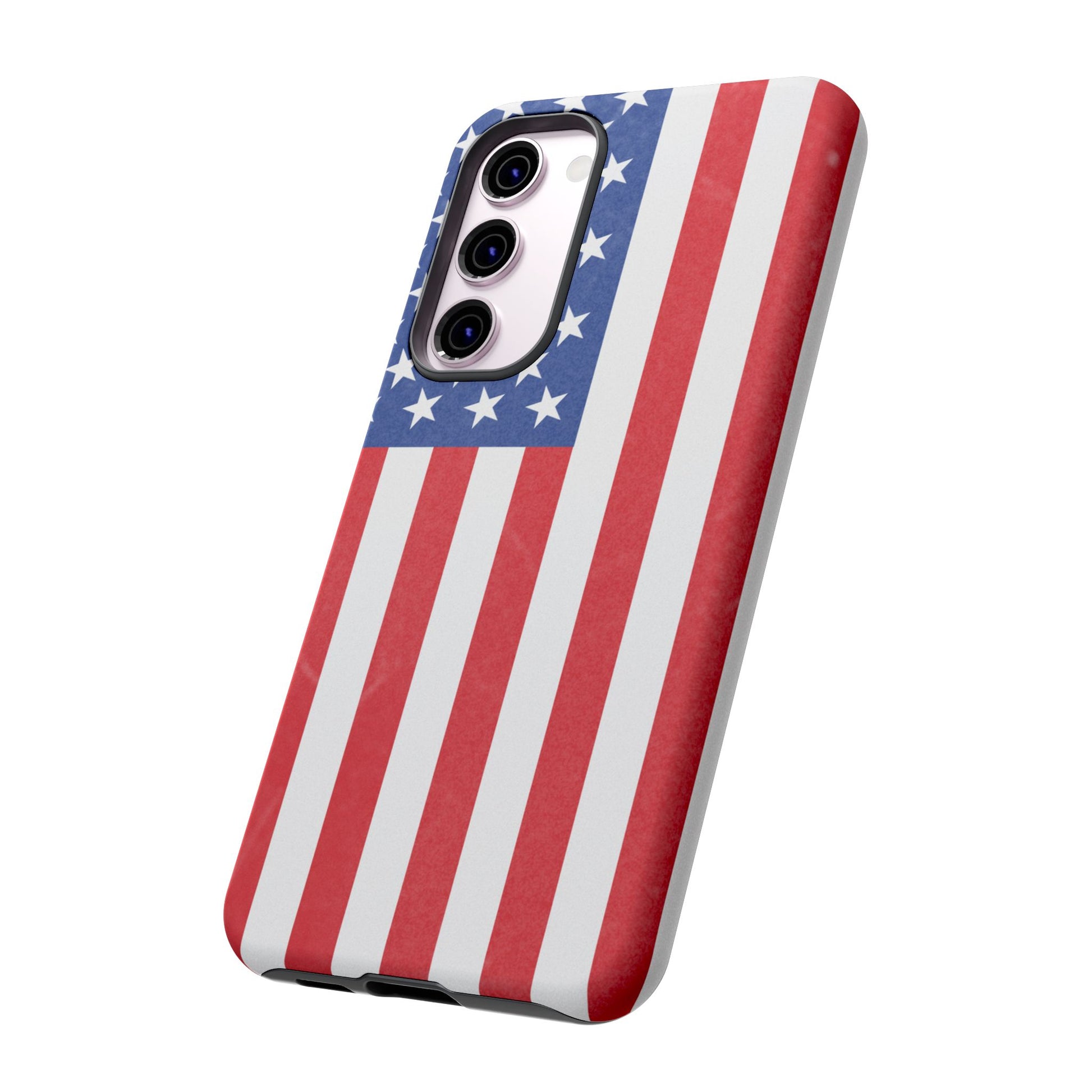 American flag tough phone case for iPhone and Samsung, durable patriotic protective cover with bold flag design.