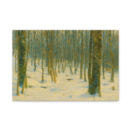 Stretched matte canvas print of a snowy winter forest scene by Printify, featuring detailed trees and winter landscape.