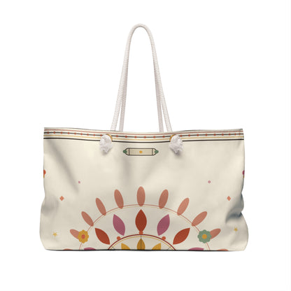 Boho Floral Mandala Weekender Bag | Large Canvas Tote, Neutral Pastel Pattern - TRV