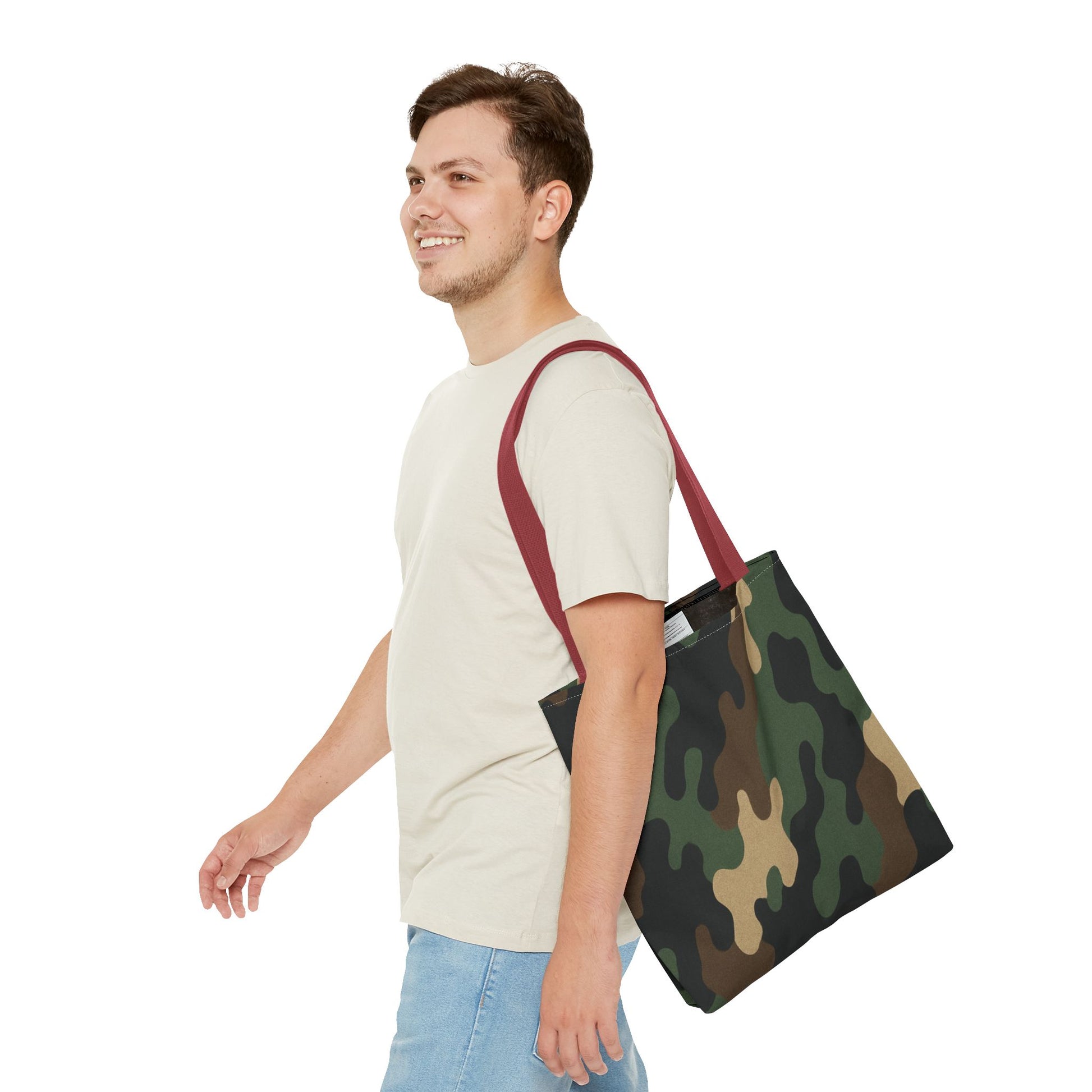 Camo pattern tote bag by Printify featuring all-over printed canvas design for casual carrying.