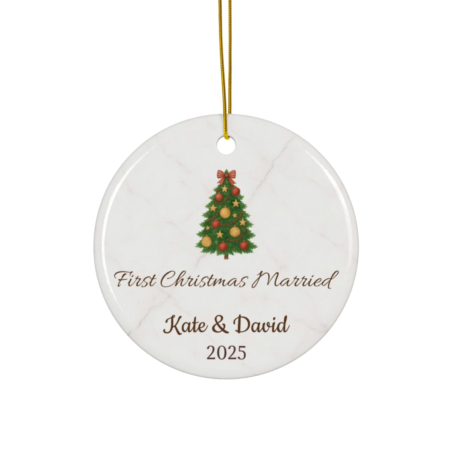 Personalized First Christmas Married ceramic ornament with names and year, featuring festive holiday design and decorative elements.