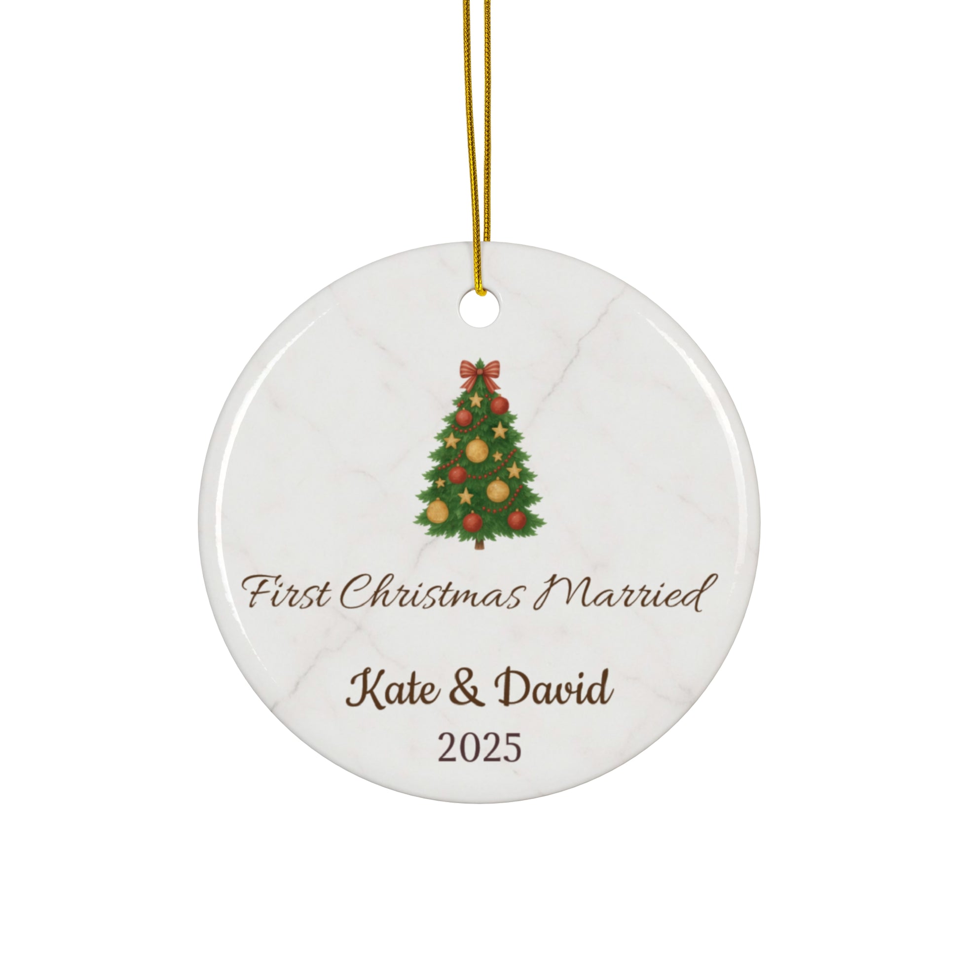 Personalized First Christmas Married ceramic ornament with names and year, featuring festive holiday design and decorative elements.