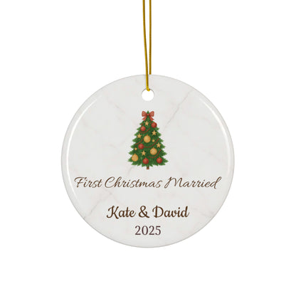 Personalized First Christmas Married ceramic ornament with names and year, featuring festive holiday design and decorative elements.