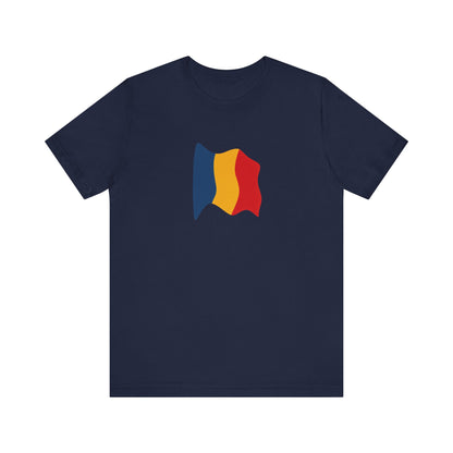 Romania flag T-shirt by Printify featuring a minimal waving tricolor design on a casual T-shirt.