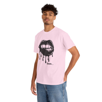 Black graphic T-shirt from Printify featuring a dripping lips 'hmm...' bite design on the front.