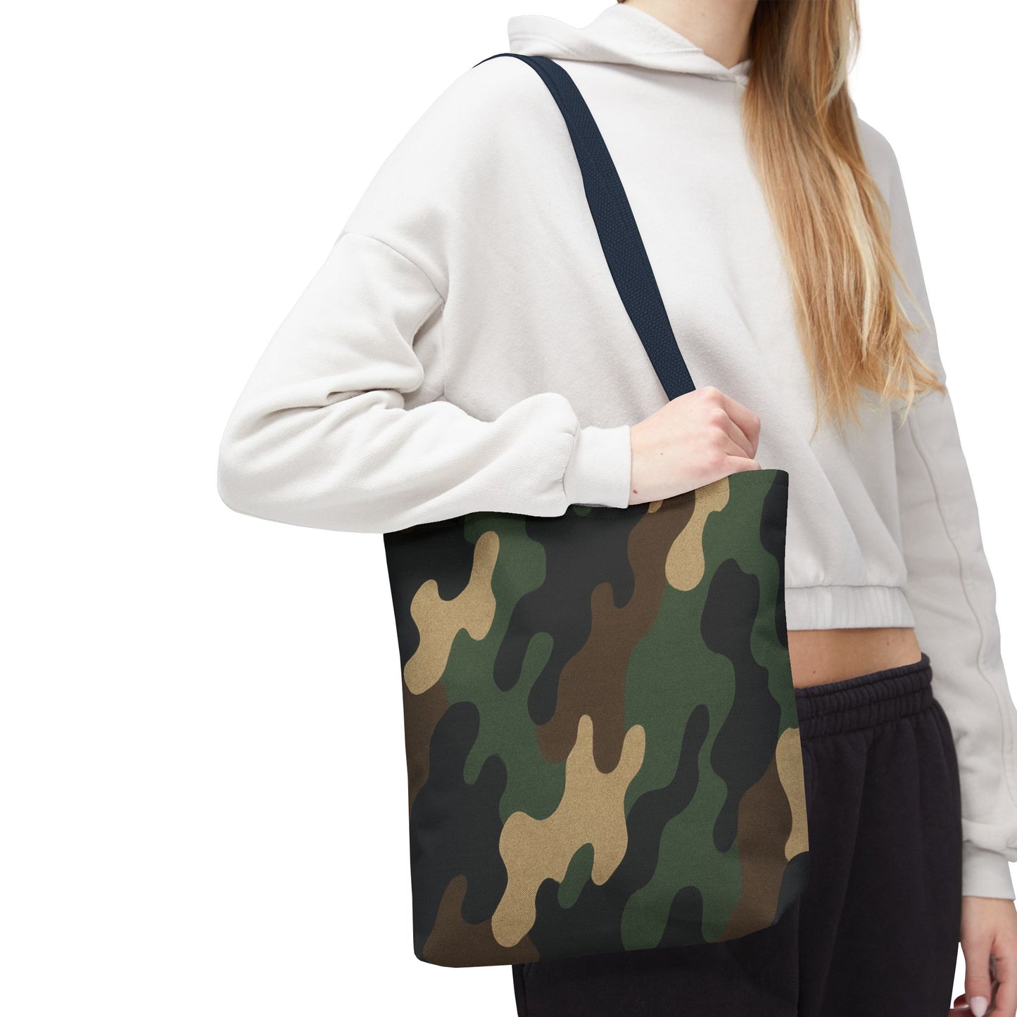 Camo pattern tote bag by Printify, all-over printed canvas carryall with camouflage design and sturdy handles.