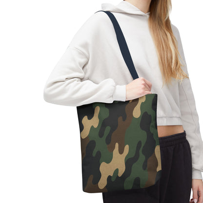 Camo pattern tote bag by Printify, all-over printed canvas carryall with camouflage design and sturdy handles.