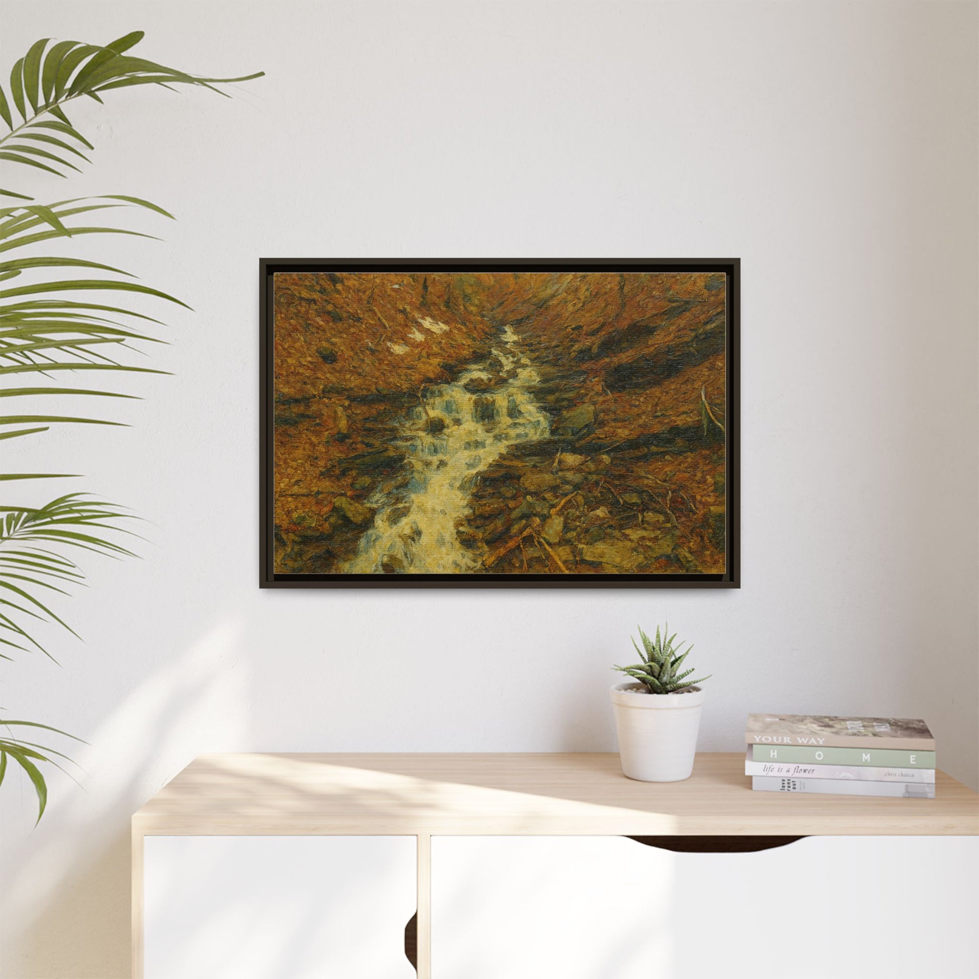 Framed matte canvas print of autumn stream landscape artwork by Printify, showcasing warm fall colors and serene nature scene.