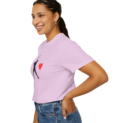 Printify baseball batter heart T-shirt featuring a baseball player and a heart graphic on soft cotton fabric.