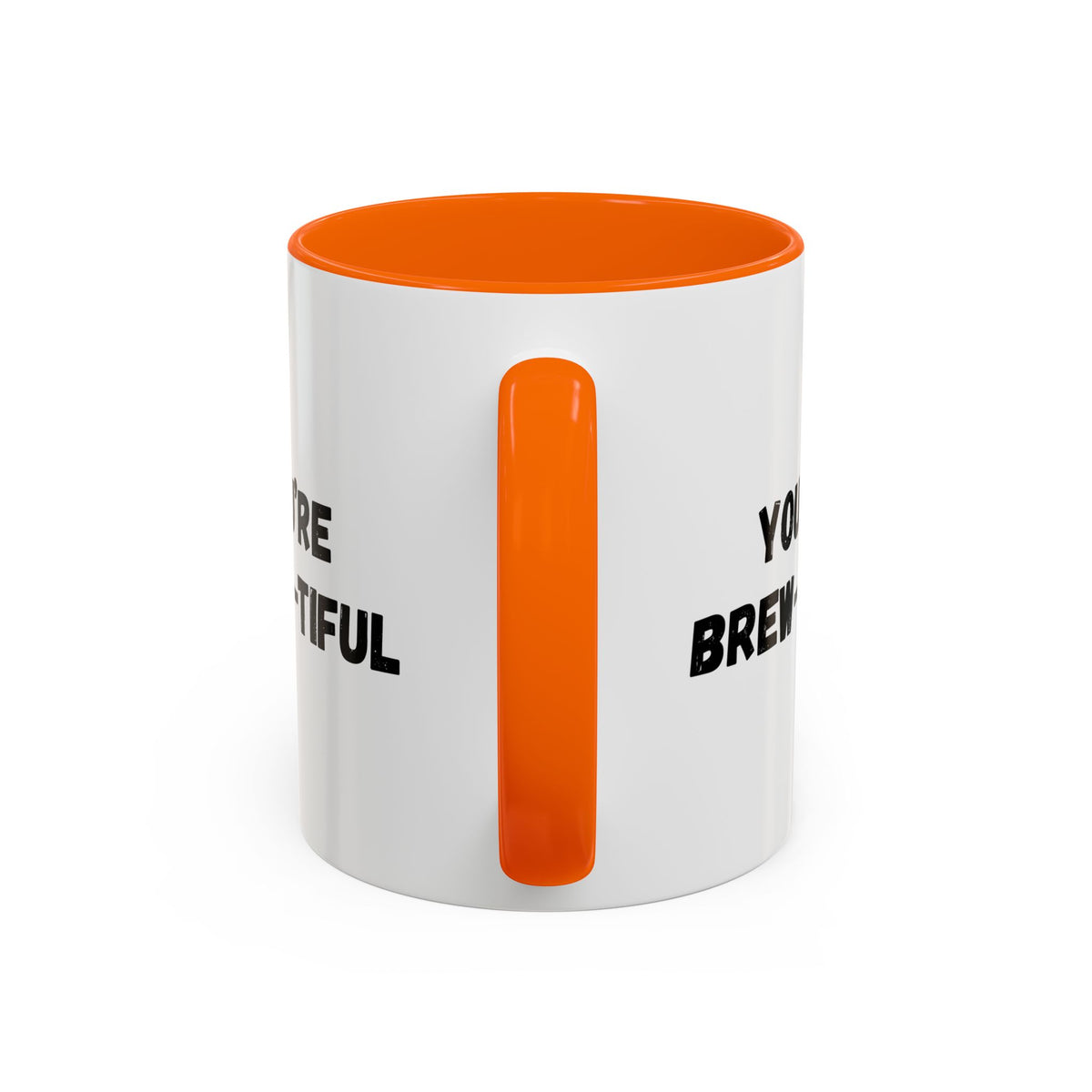 You’re Brew-tiful Coffee Mug – Cute Coffee Pun Accent Mug (11/15oz) — white ceramic accent mug with glossy finish and bold black “YOU’RE BREW-TIFUL” print, detail view