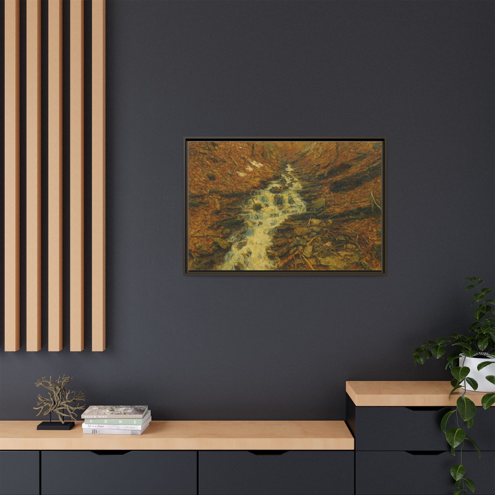 Framed matte canvas print of autumn stream landscape artwork, showcasing vibrant fall colors and scenic nature view.