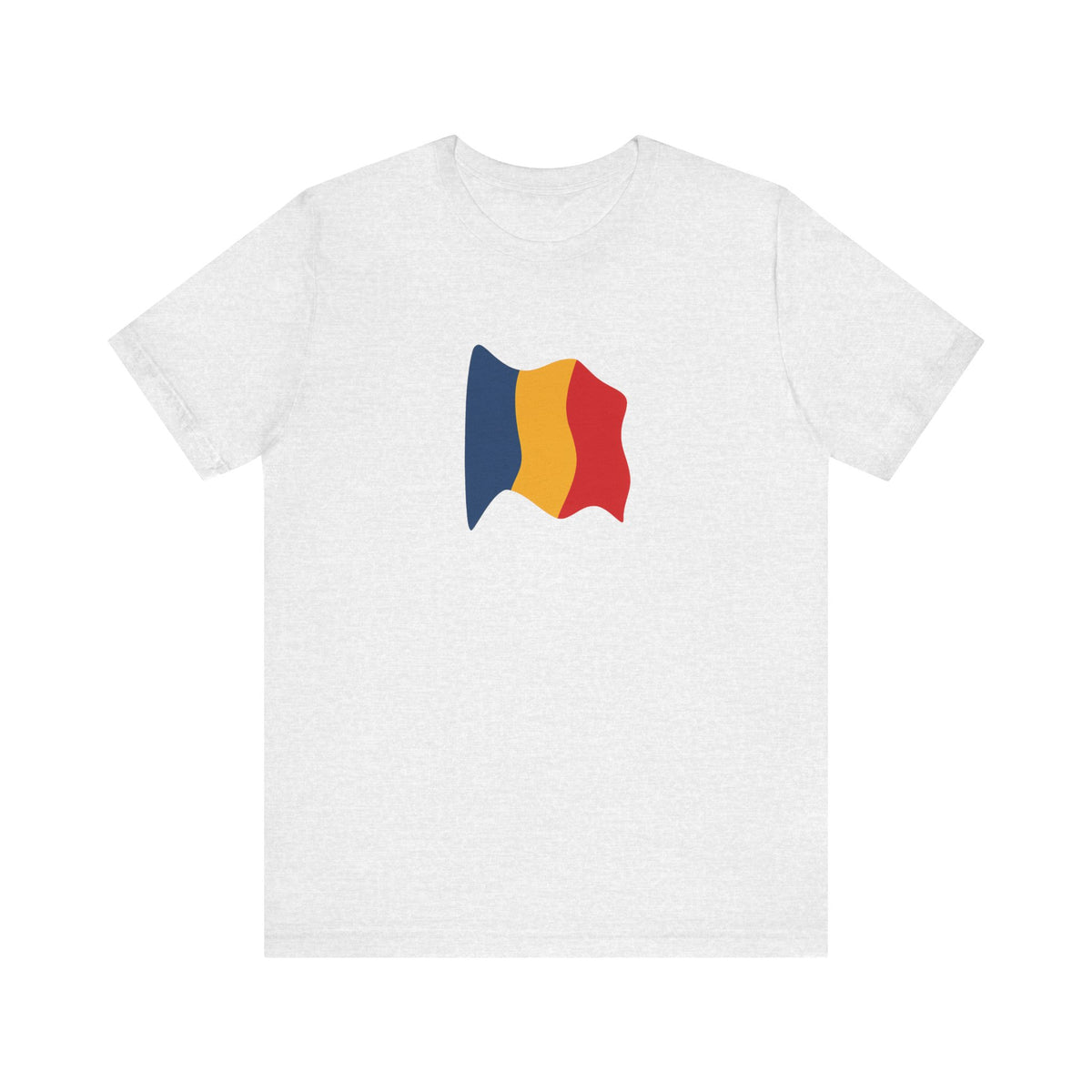 Romania flag T-shirt by Printify featuring a minimal waving tricolor design on a casual cotton tee.
