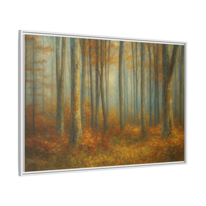 Framed autumn forest canvas print by Printify, featuring misty woodland scene on wall art for home decor.