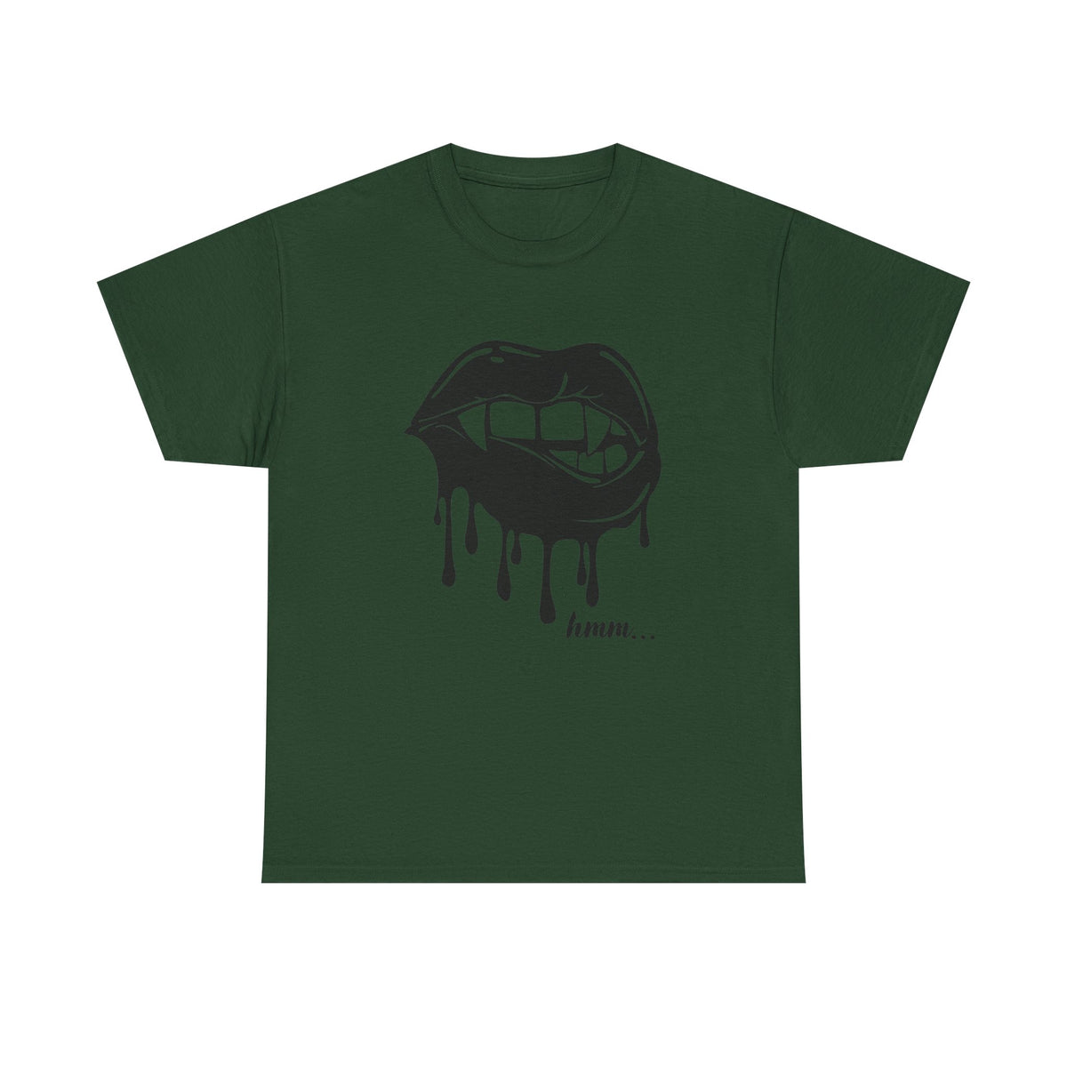 Graphic T-shirt featuring a dripping lips 'hmm...' bite design in black and white, by Printify.