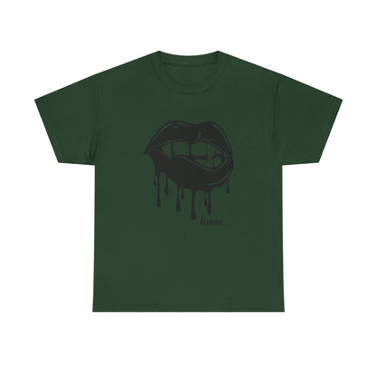 Graphic T-shirt featuring a dripping lips 'hmm...' bite design in black and white, by Printify.