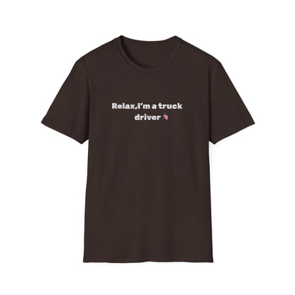 Funny pink heart truck driver T-shirt from Printify featuring a humorous "Relax, I'm a Truck Driver" design on a casual tee.