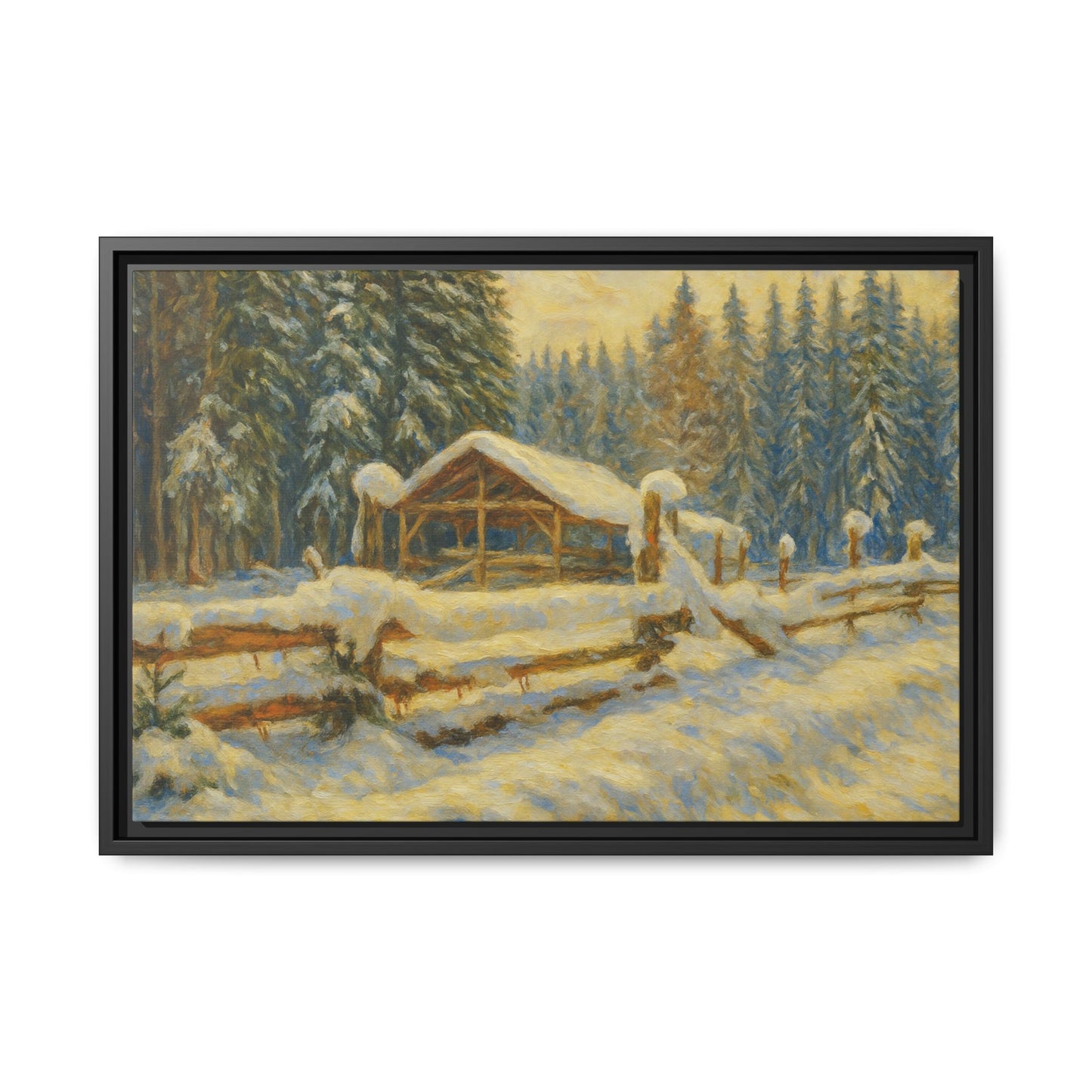 Snowy cabin winter landscape canvas wall art by Printify, featuring a matte framed painting of a cozy snowy cabin scene.