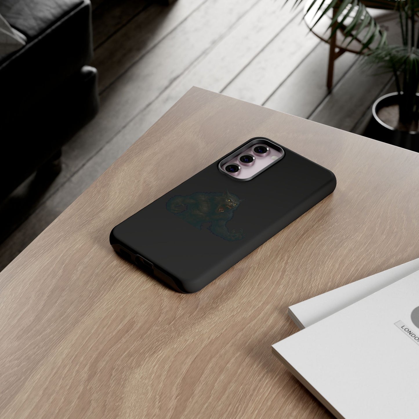 Dark werewolf graphic phone case by Printify, featuring a tough protective design with a monster illustration for a bold look.