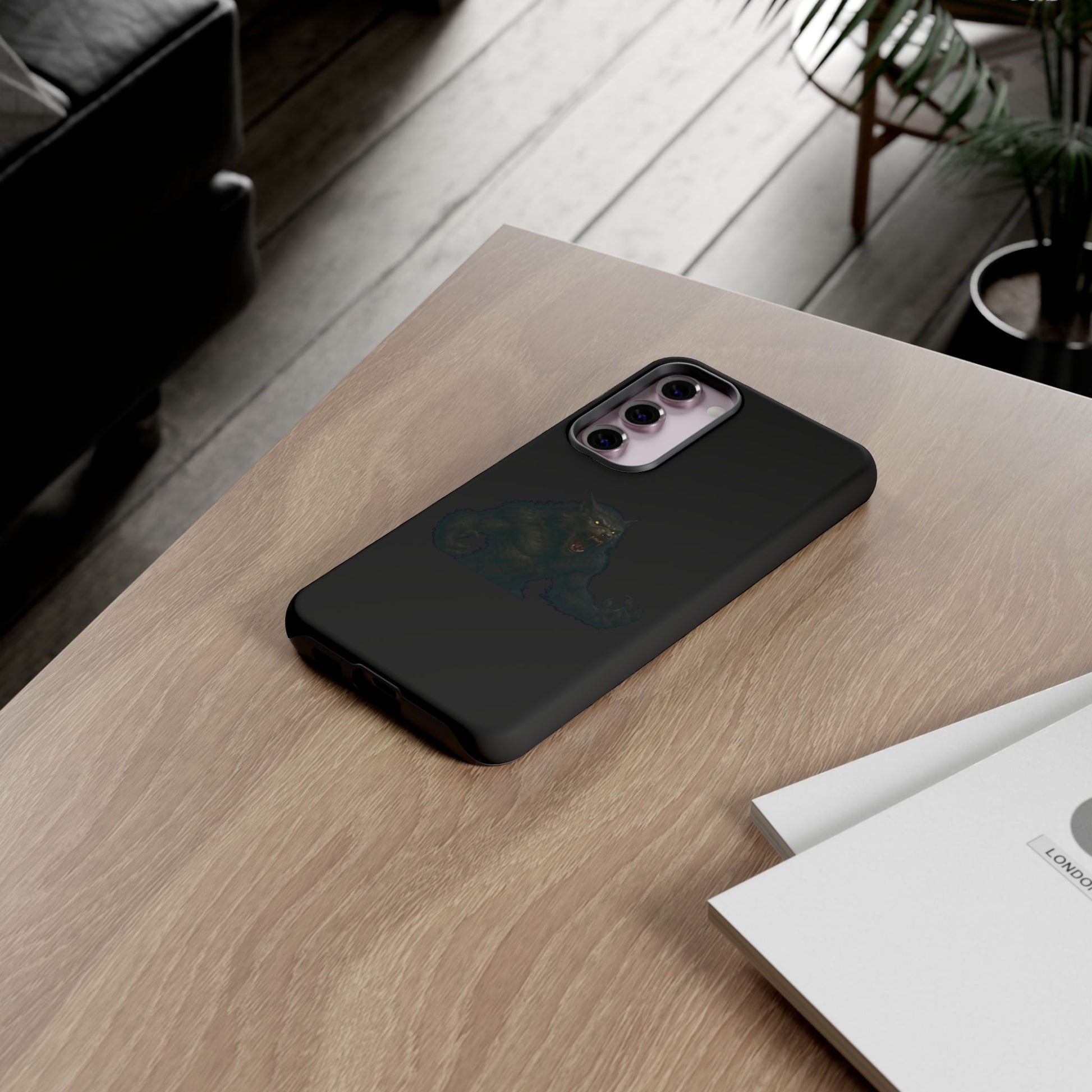 Dark werewolf graphic phone case by Printify, featuring a tough protective design with a monster illustration for a bold look.