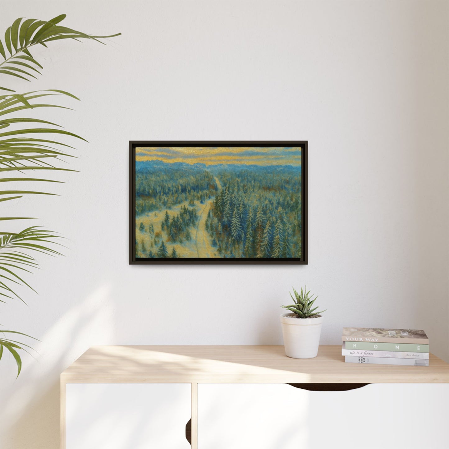 Framed matte canvas print of a serene winter forest landscape by Printify, featuring snow-covered trees and peaceful scenery.