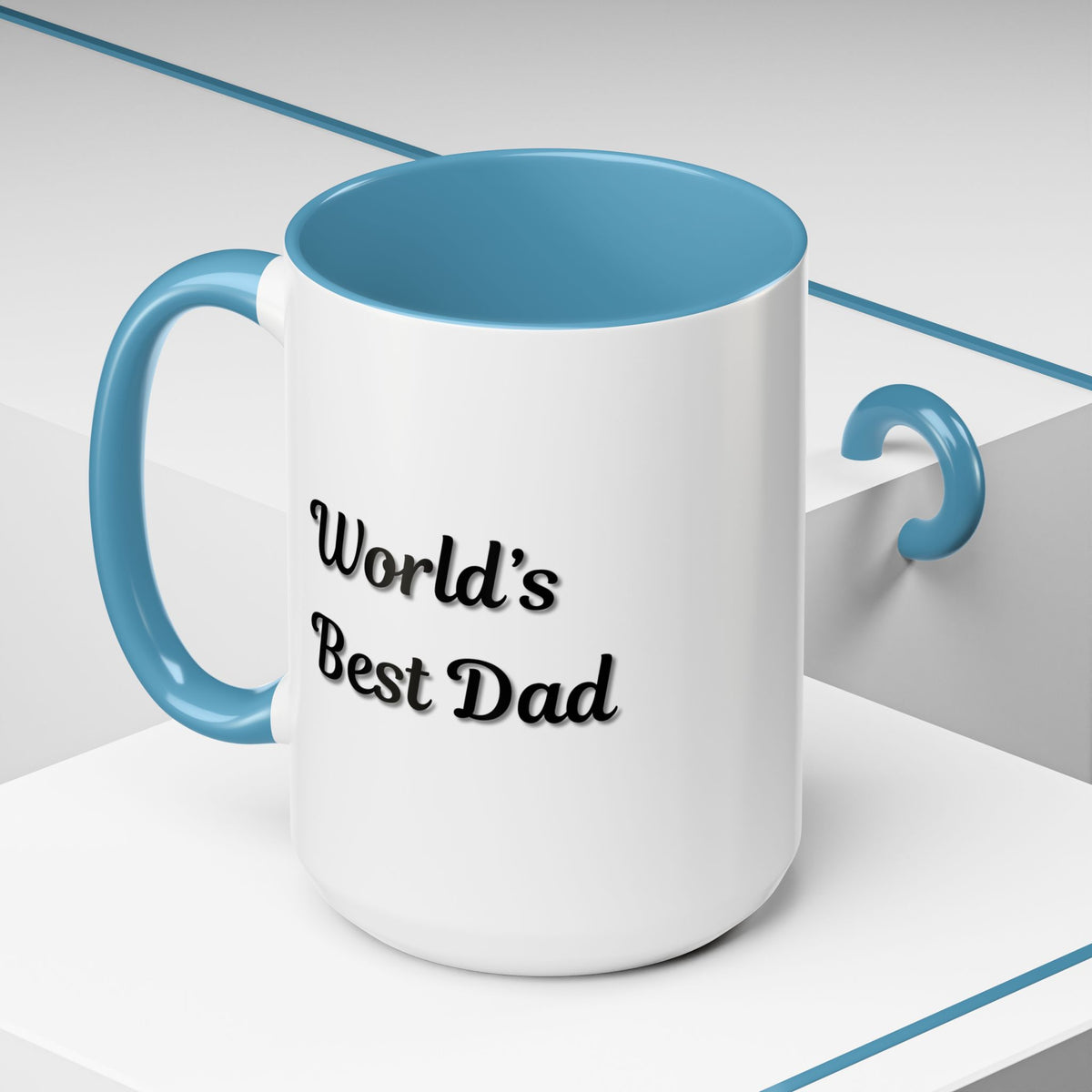 Black trim coffee mug with "World's Best Dad" accent design, available in 11oz and 15oz sizes, by Printify.