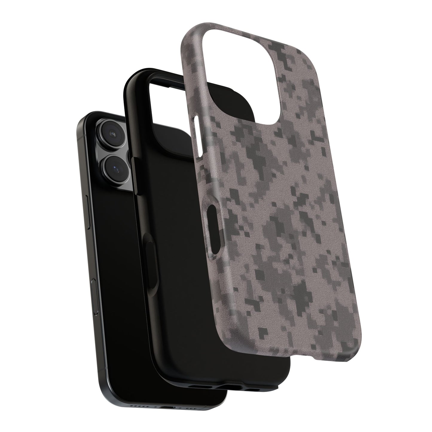Gray digital camouflage phone case by Printify, tough protective cover for smartphones with a durable camouflage design.