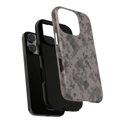 Gray digital camouflage phone case by Printify, tough protective cover for smartphones with a durable camouflage design.