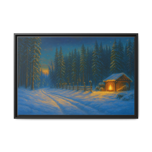 Cozy winter cabin matte framed canvas wall art featuring a snowy forest evening scene by Printify.