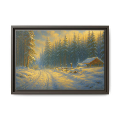 Framed winter cabin canvas print featuring a snowy forest sunset, wall art by Printify with detailed mountain and trees scene.