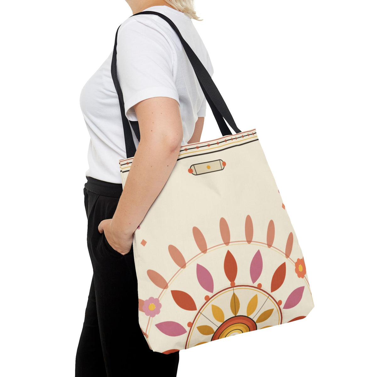 Boho floral mandala tote bag with pastel sunburst pattern, featuring colorful floral and geometric designs on canvas.