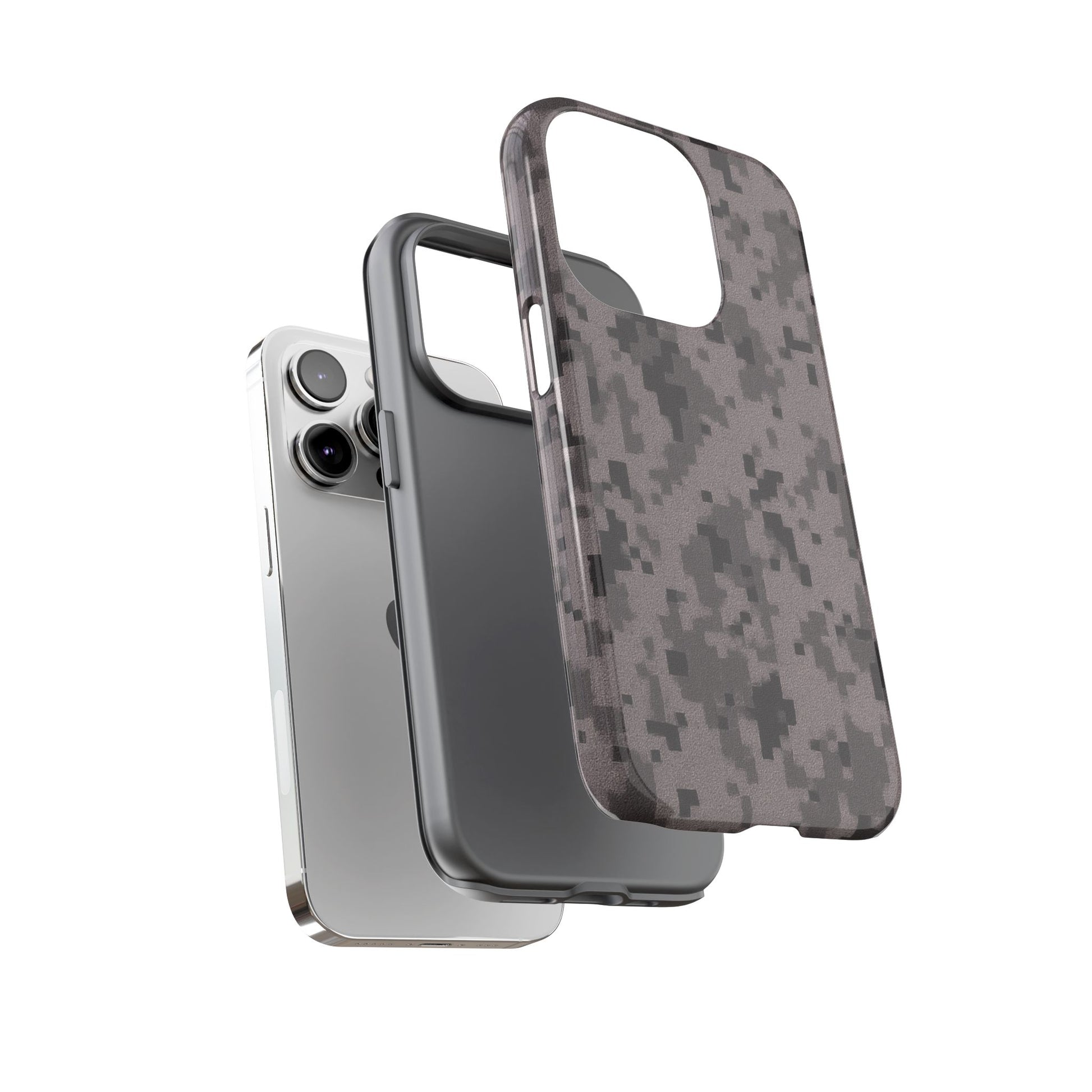 Gray digital camouflage phone case by Printify, tough and protective cover for smartphones with a rugged camo design.
