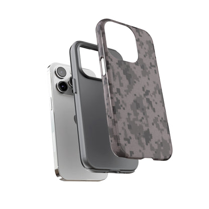 Gray digital camouflage phone case by Printify, tough and protective cover for smartphones with a rugged camo design.