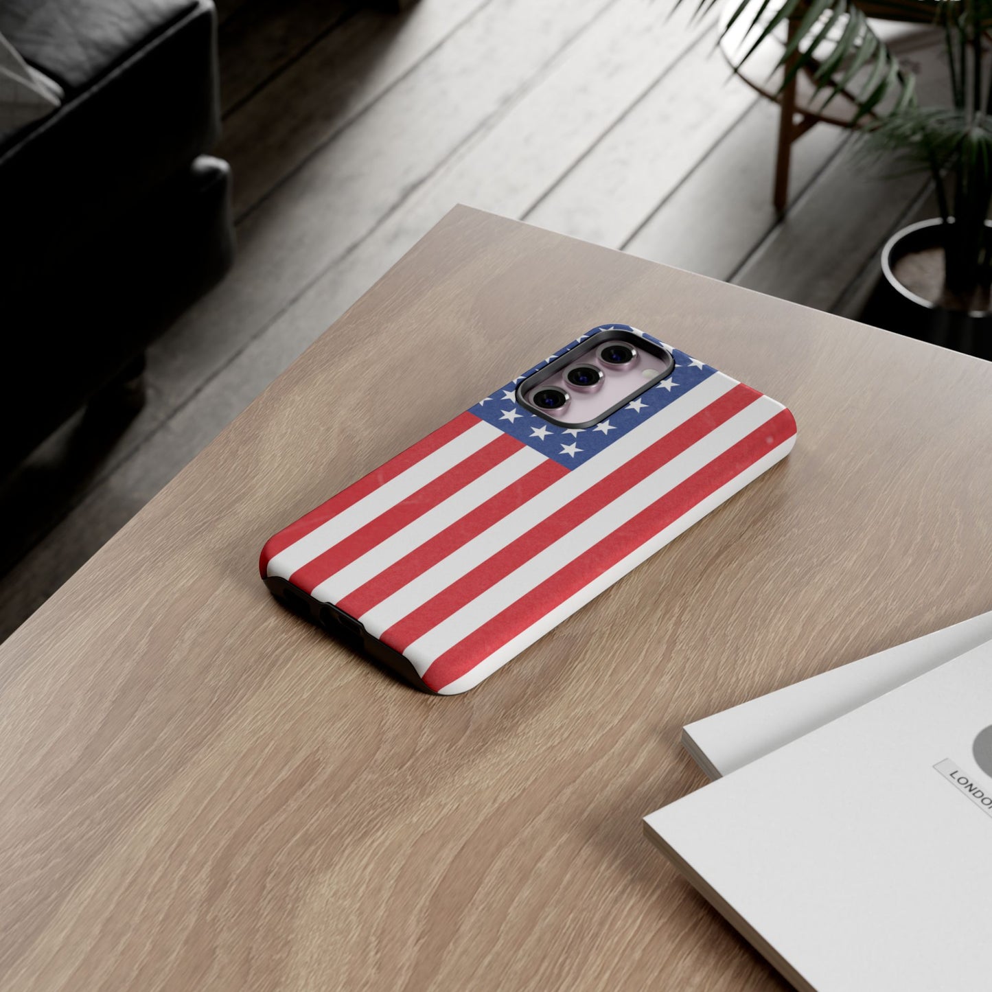 American flag tough phone case for iPhone and Samsung, patriotic protective cover with bold flag design.