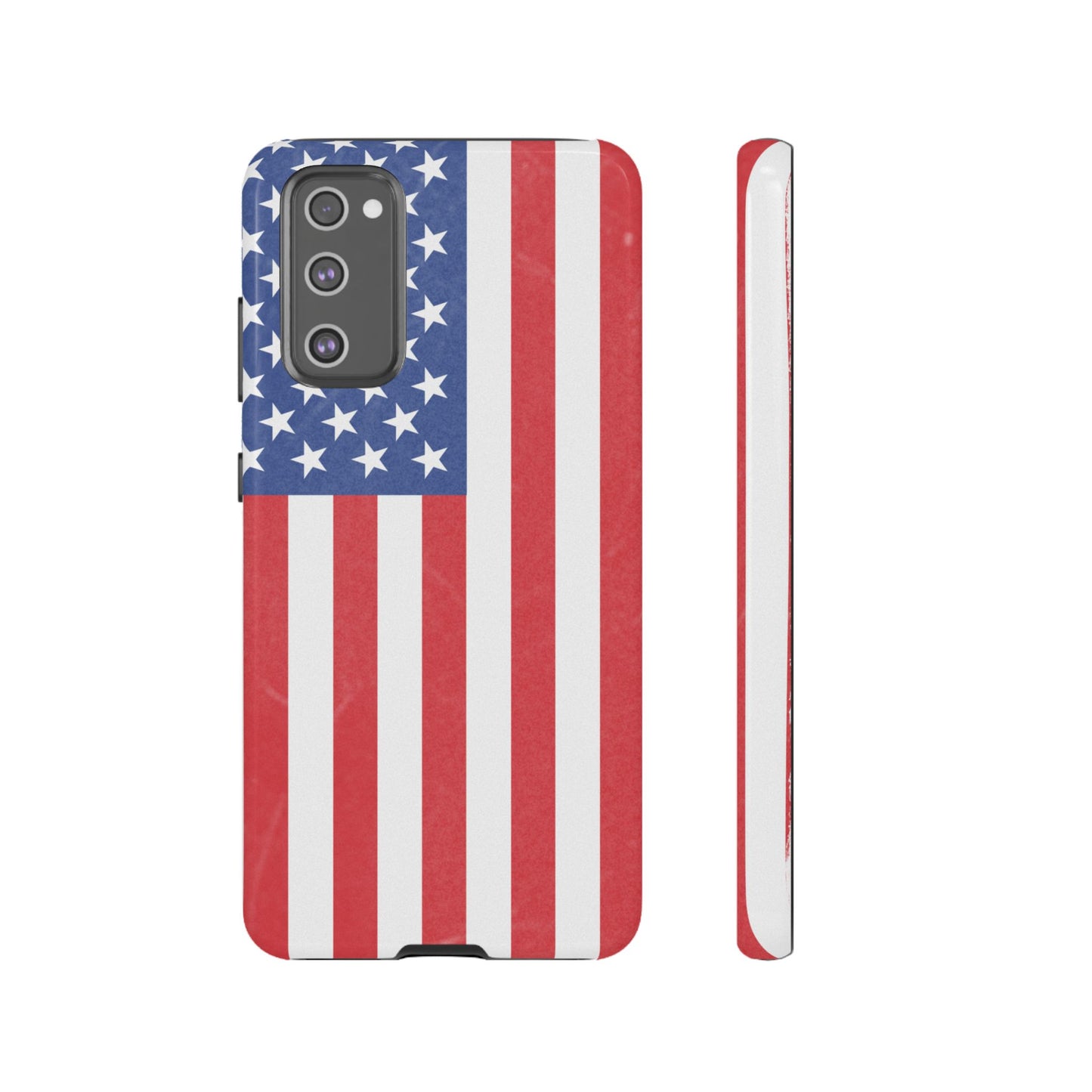 American flag tough phone case for iPhone and Samsung, patriotic protective cover with bold flag design by Printify.